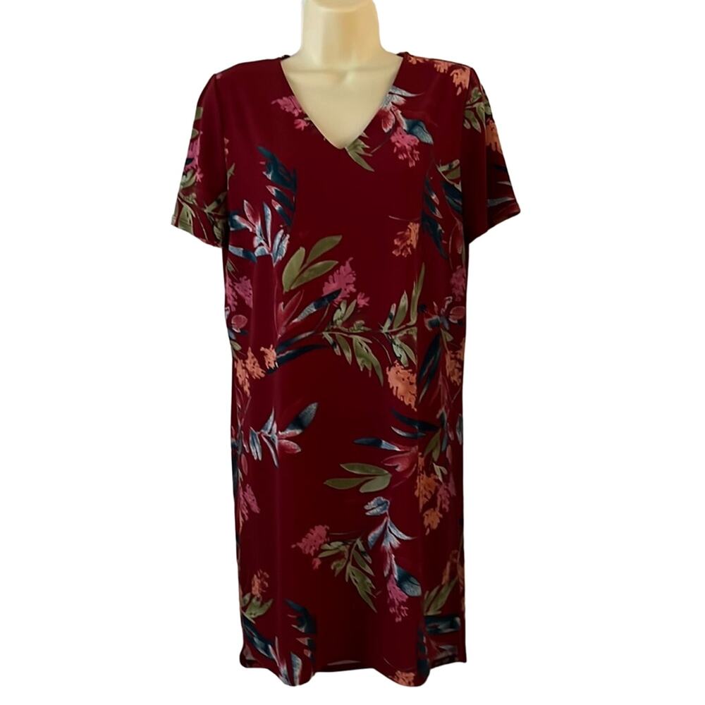 Christian Siriano Red Floral Print Knit Dress Woman Size Medium Pullover V Neck